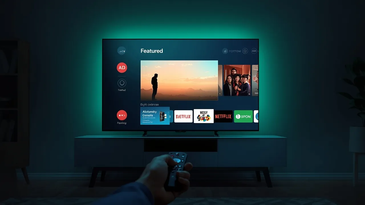 ia a modern living room at dusk a large smart tv sc